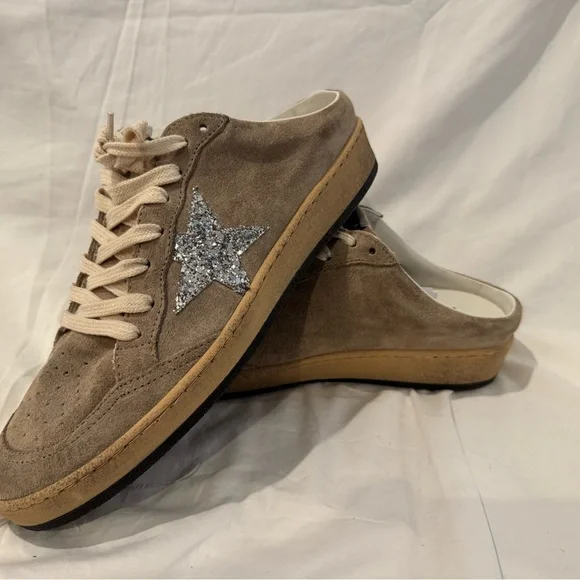 Golden Goose Beige Suede Sneakers with White Laces and Silver Glitter Star - Picture 2 of 7